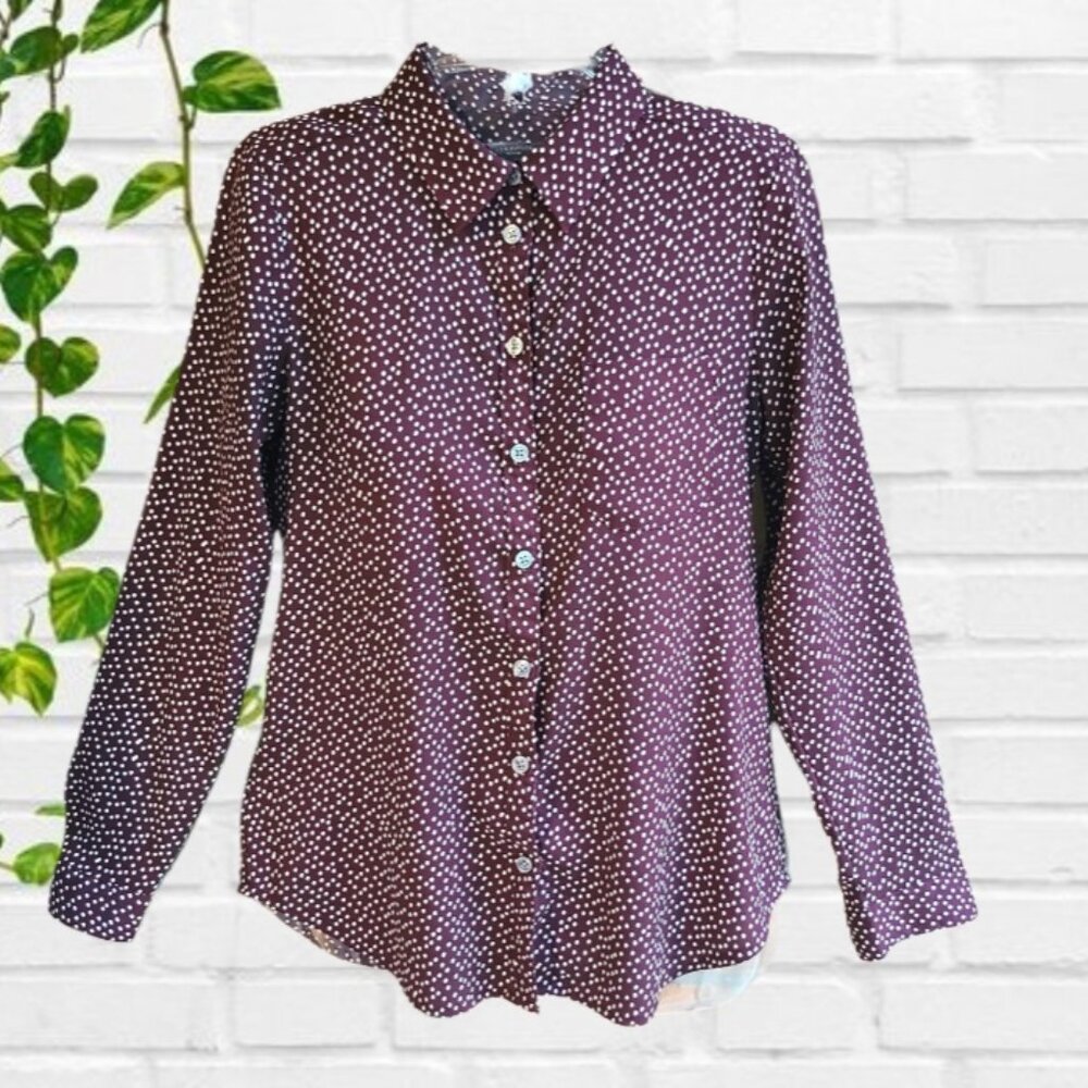 Ann Taylor Womens Top Blouse Button Front Long Sleeves Polka Dot Size XXS Petite